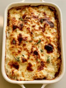 A rectangular ceramic baking dish filled with savory brown rice and a thick layer of toasted white cheese. (French Onion Soup Rice)