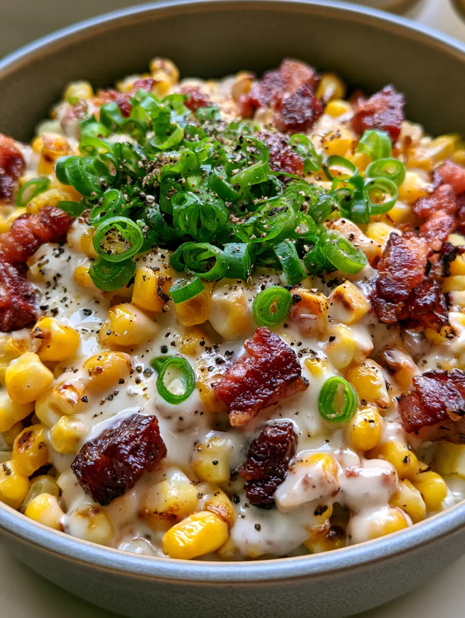 Close-up of charred corn kernels and crispy bacon in a rustic ceramic bowl. (Bacon and Corn Salad)