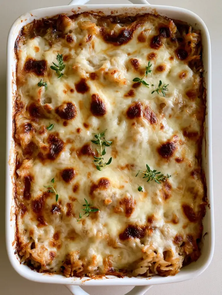 Overhead view of fluffy long-grain rice covered in bubbly melted cheese and fresh thyme garnish.