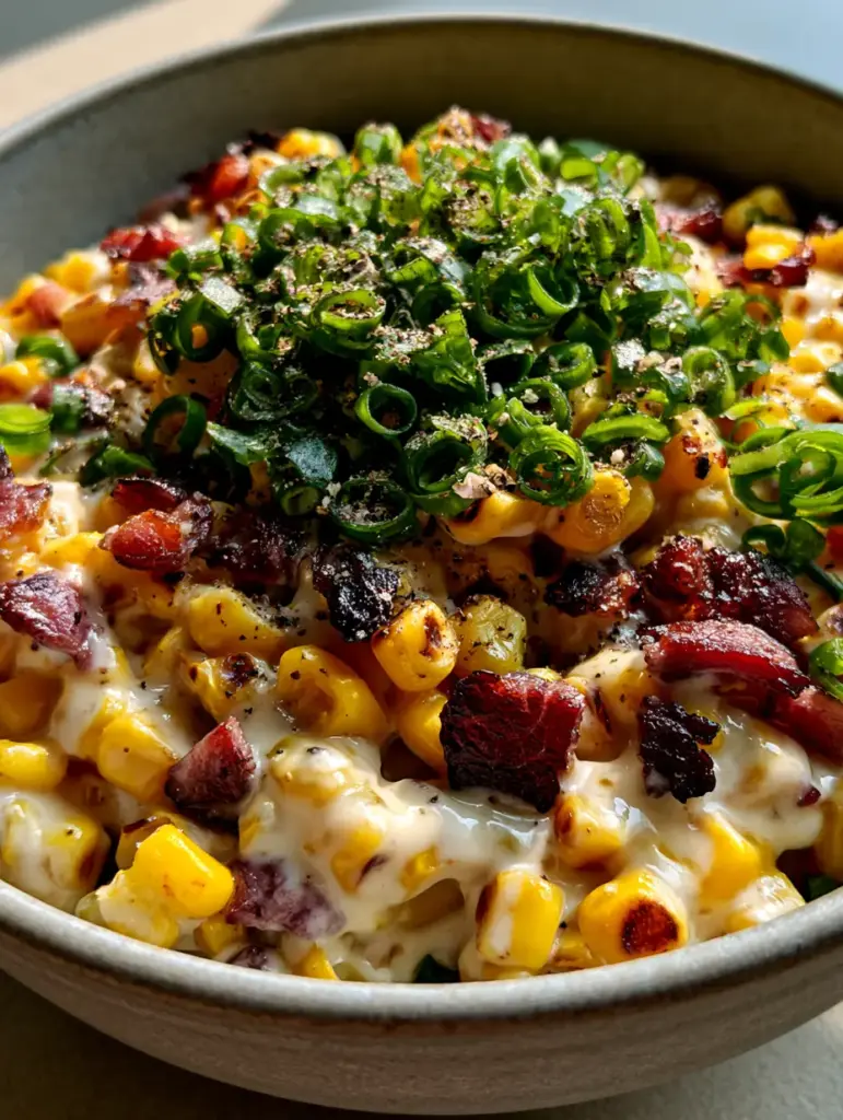 Wide shot of a warm corn and bacon salad garnish with scallions and black pepper in a matte grey bowl.