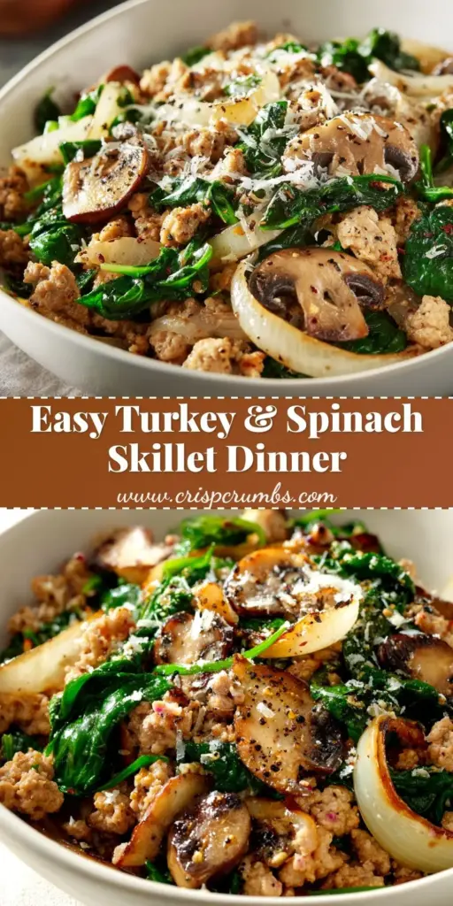 A rustic Ground Turkey Skillet with browned meat, caramelized mushrooms, and wilted spinach in a cast iron pan.