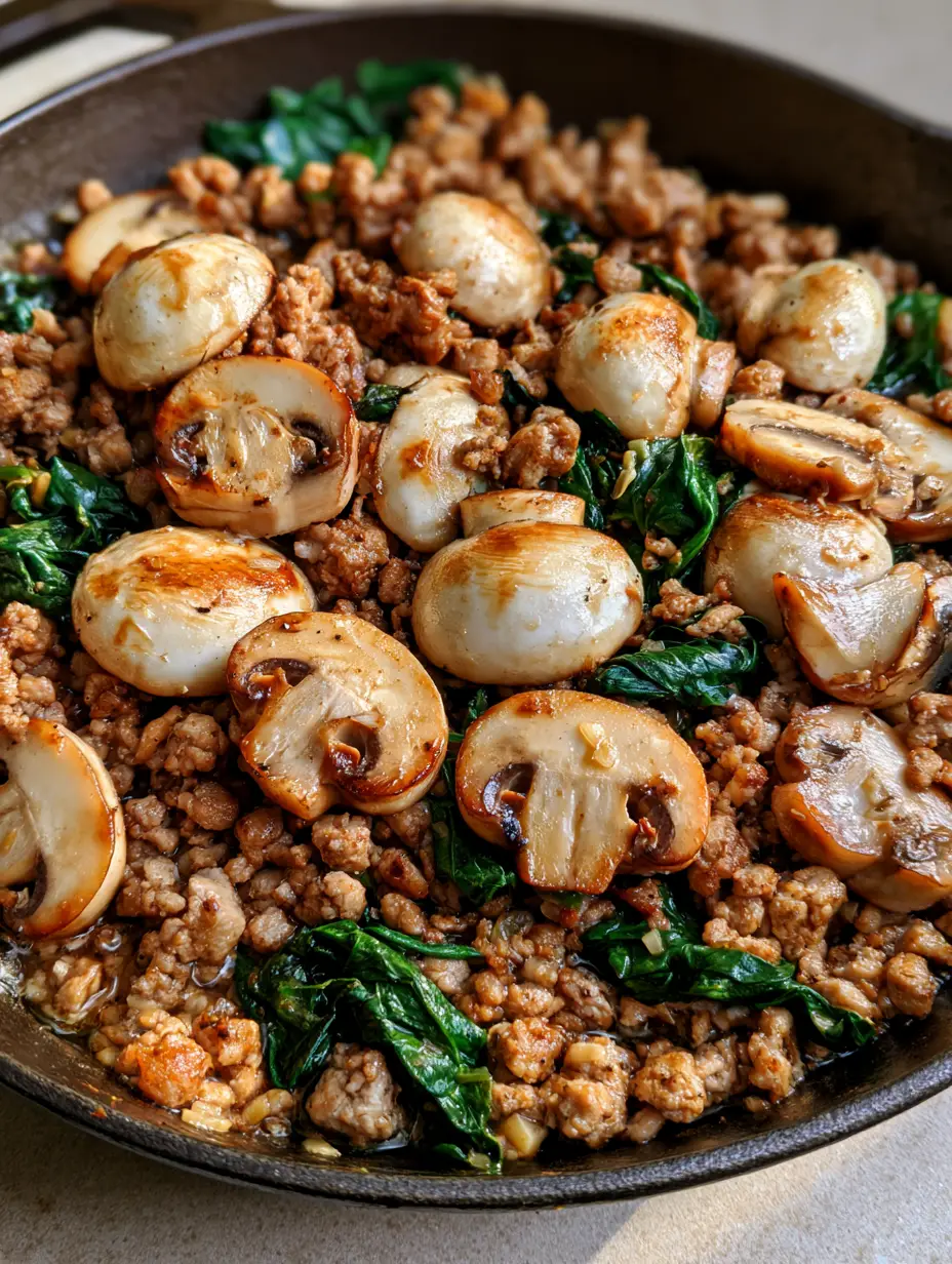 Close-up of a Ground Turkey Skillet showing browned turkey crumbles and golden-brown caramelized mushrooms.