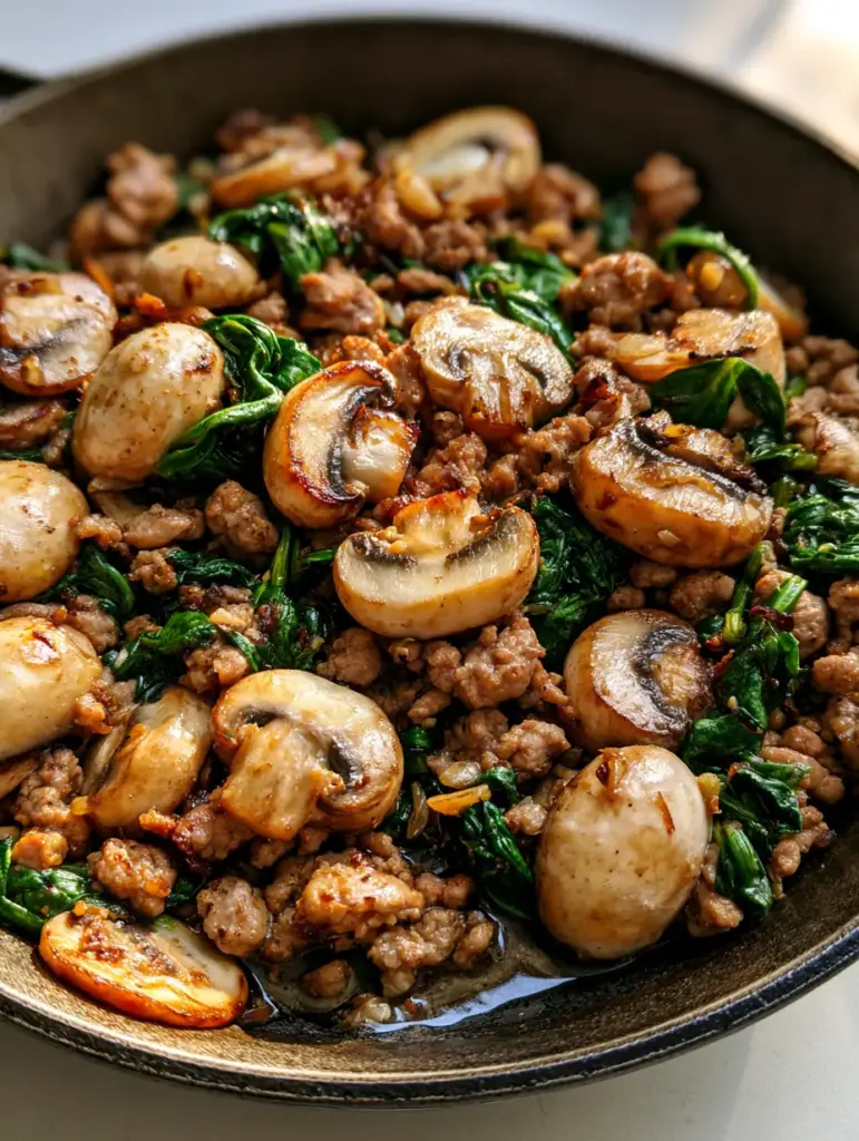 A top-down view of a Ground Turkey Skillet with vibrant green spinach and savory minced garlic flecks.