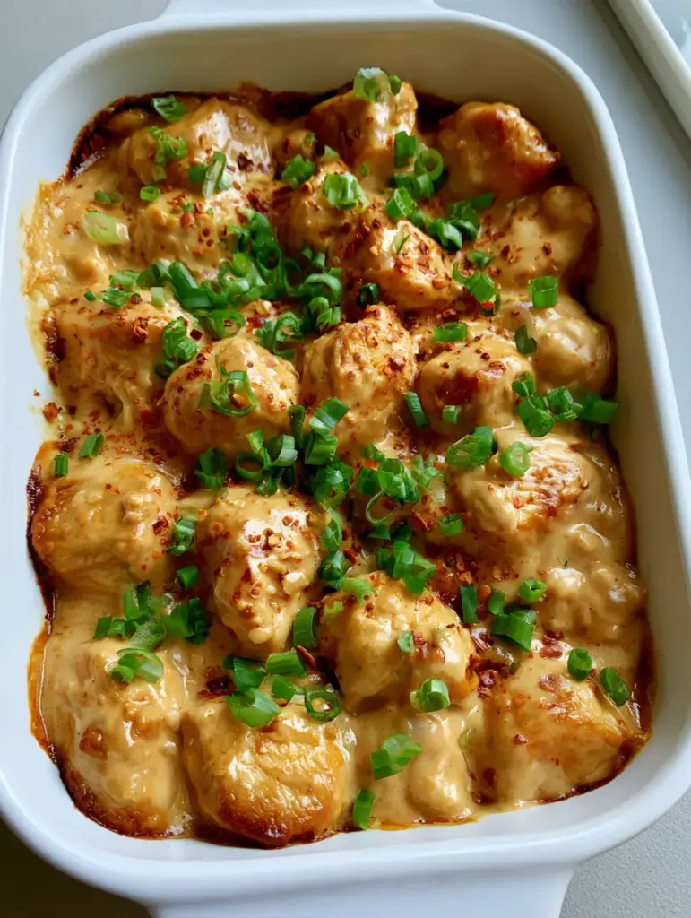 Rustic plating of Creamy Peanut Chicken showing caramelized edges in a white dish.
