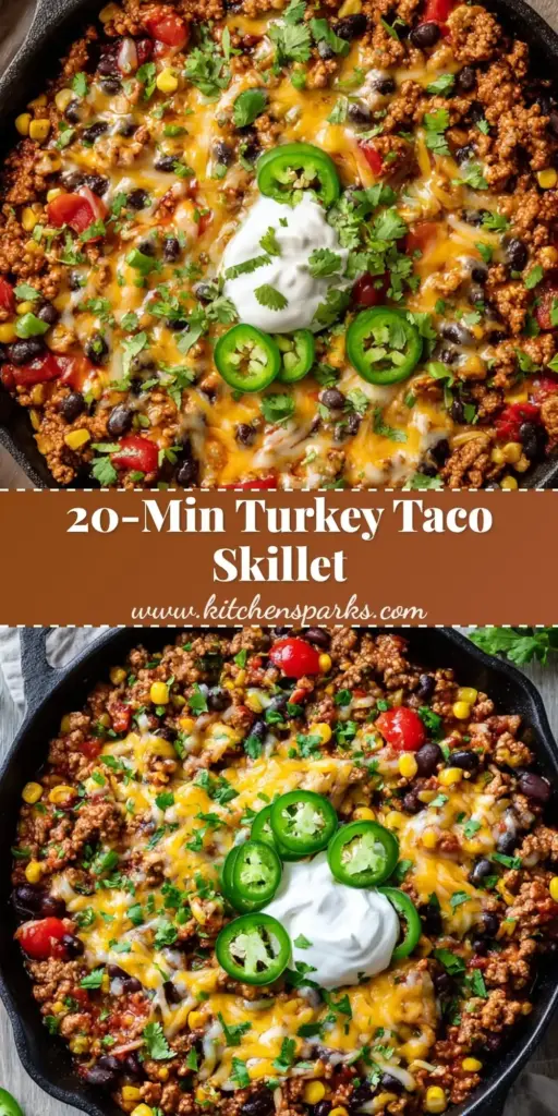 A rustic black cast iron skillet containing a vibrant Ground Turkey Taco Skillet with bubbling cheese, avocado slices, and a sour cream dollop.