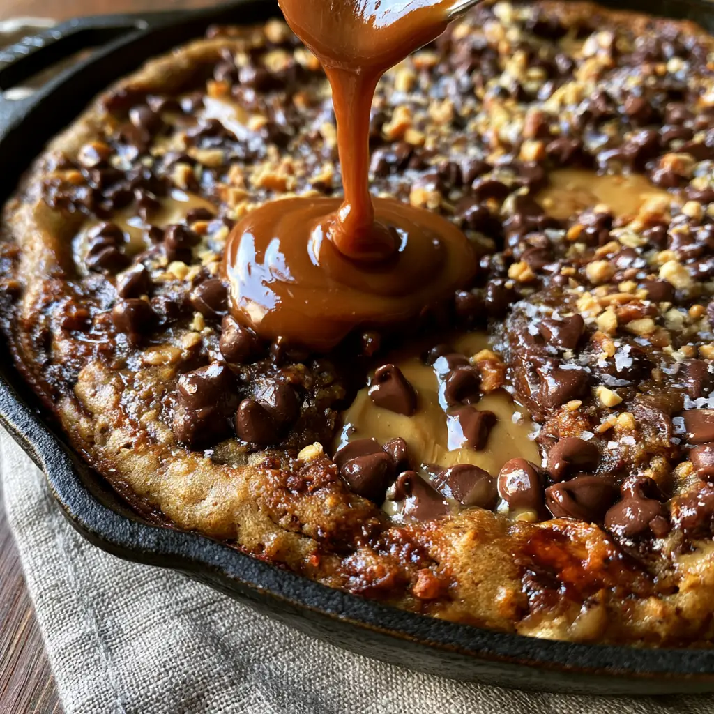 Peanut Butter Chocolate Chip Cookie Pizza: The Ultimate Skillet Dessert 1 Peanut Butter Chocolate Chip Cookie Pizza being drizzled with warm melted peanut butter on a rustic linen runner.