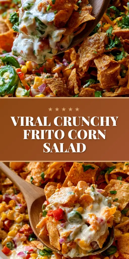 A close-up handheld photo of Frito corn salad in a white bowl, featuring a wooden spoon lifting a scoop of creamy corn, red peppers, and sliced jalapeños topped with whole Chili Cheese Fritos.