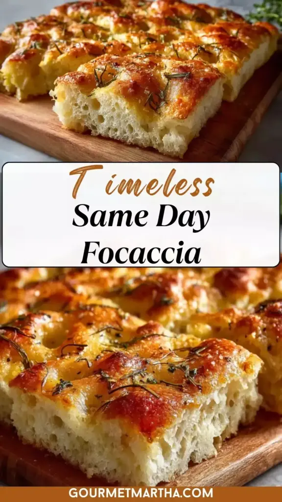 A close-up vertical shot of a Same Day Focaccia Recipe featuring a golden bubbly crust, deep dimples filled with olive oil, and rosemary. (Same Day Focaccia Recipe)