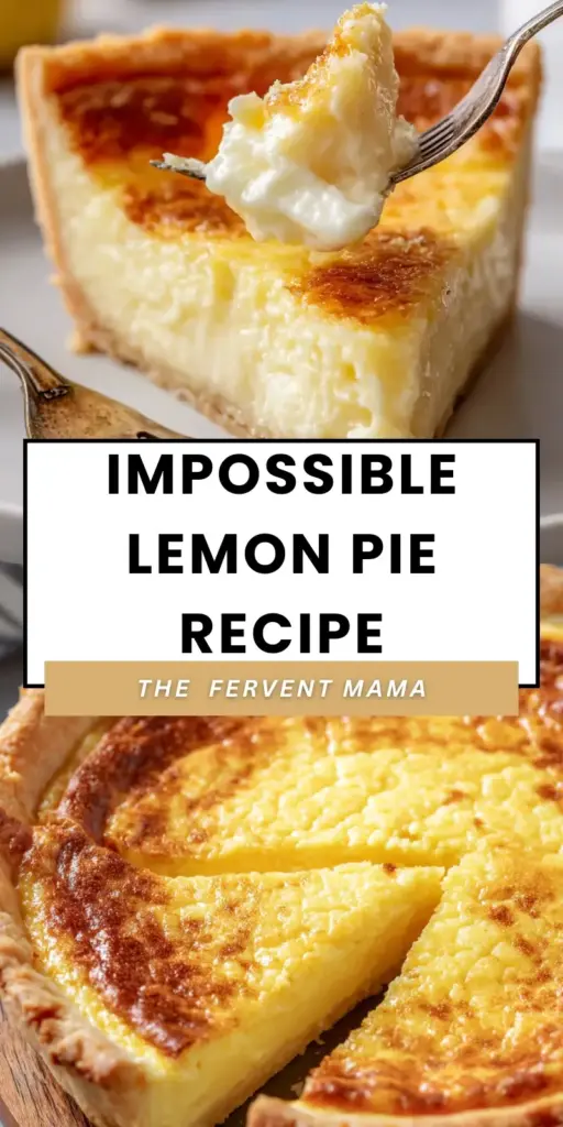 A Pinterest pin for Impossible Lemon Pie showing a close-up slice with a thick yellow custard layer and a golden crust on a white plate.