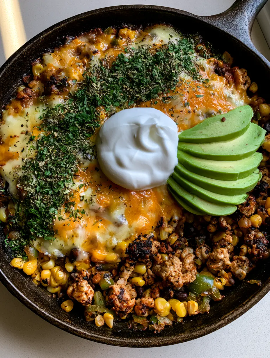 Close-up of browned ground turkey, black beans, and yellow corn in a Ground Turkey Taco Skillet.