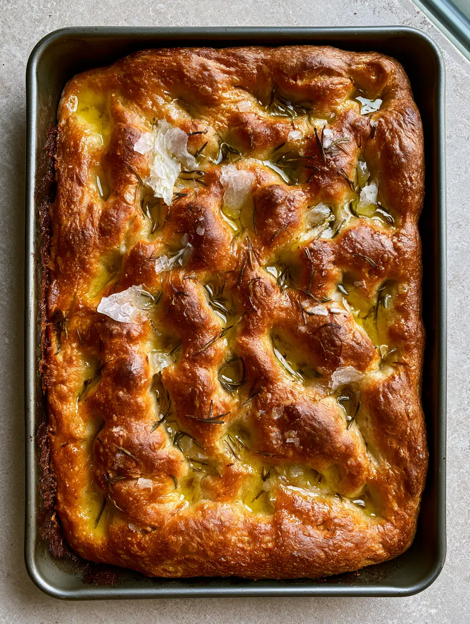 Rectangular homemade focaccia in a dark grey metallic baking sheet with deep golden-brown crust and rosemary. (Same Day Focaccia Recipe)