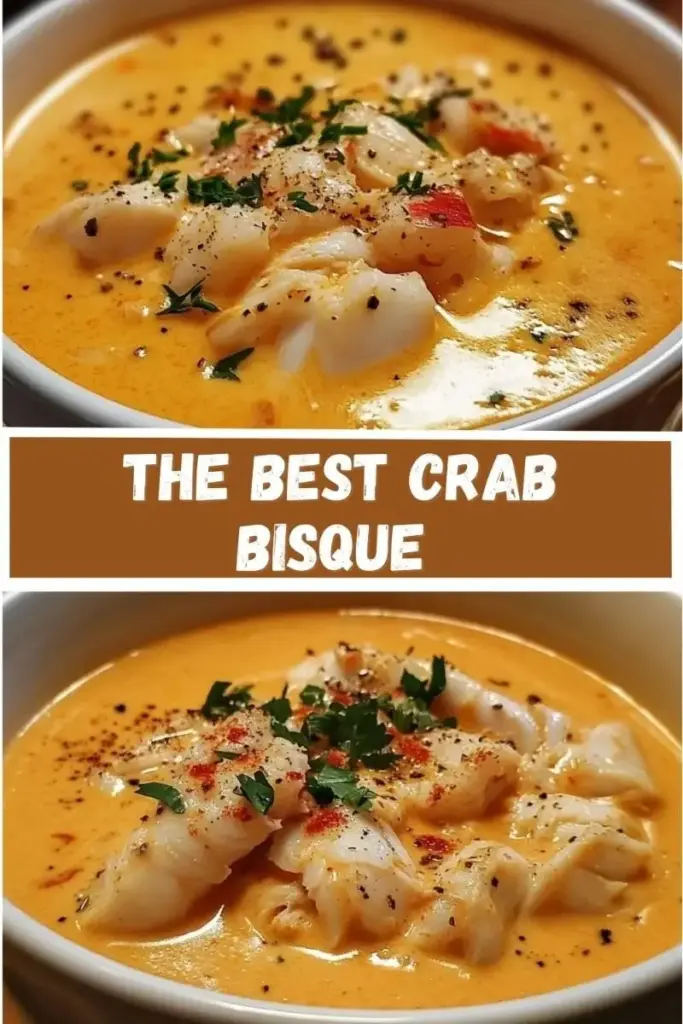 A shallow white ceramic bowl containing velvety orange Crab Bisque with a high mound of lump crab, garnished with chives and yellow flowers. (Crab Bisque Recipe)