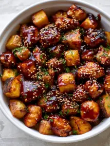 Top-down close-up of roasted Honey BBQ Chicken Potatoes in a white dish with sesame seeds and parsley. (Honey BBQ Chicken Potatoes)