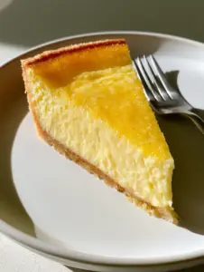 A close-up shot of a single slice of Impossible Lemon Pie on a white plate, showing the distinct thin crust and creamy custard layer.