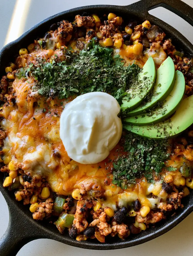 Ground Turkey Taco Skillet topped with melted cheddar and Monterey Jack cheese bubbling in a cast iron pan.