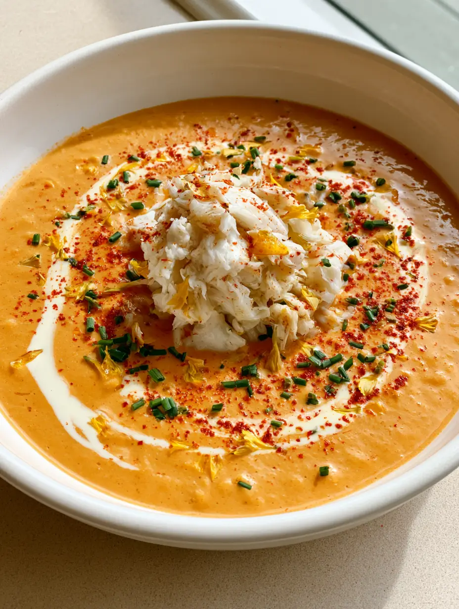 Handheld photo of creamy orange seafood soup with a generous pile of steamed crab meat and edible flower garnishes. (Crab Bisque Recipe)