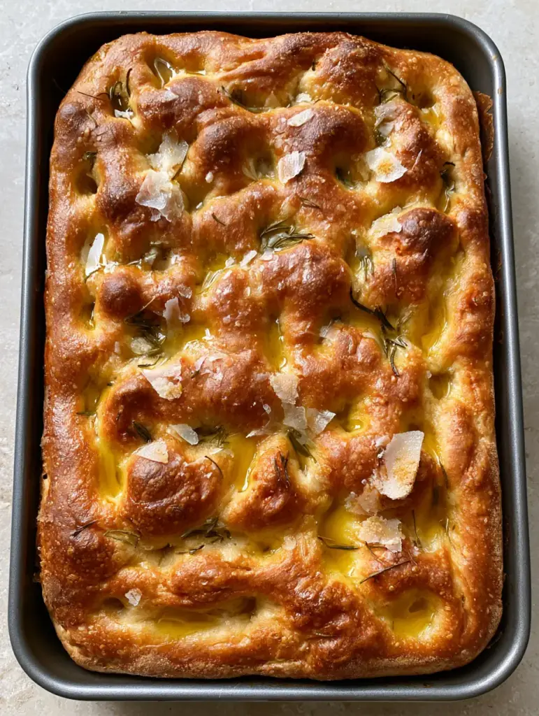 Overhead view of dimpled focaccia bread with sea salt flakes and dried rosemary leaves.