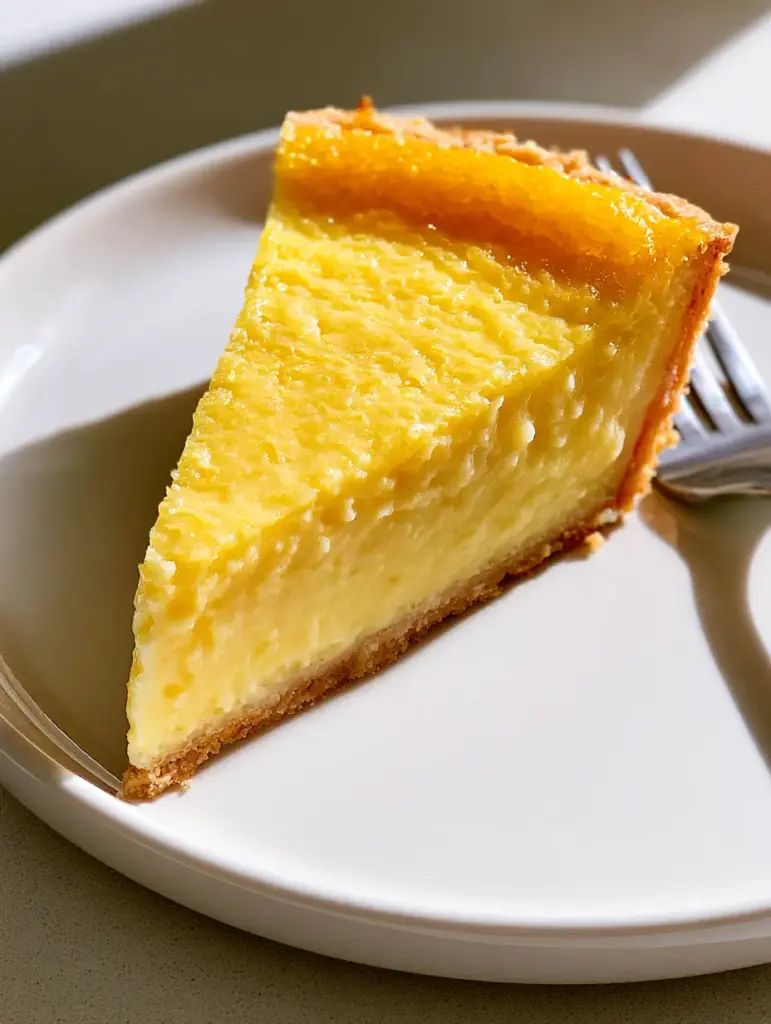A side view of an Impossible Lemon Pie slice revealing the thick, dense, creamy bright yellow lemon custard.