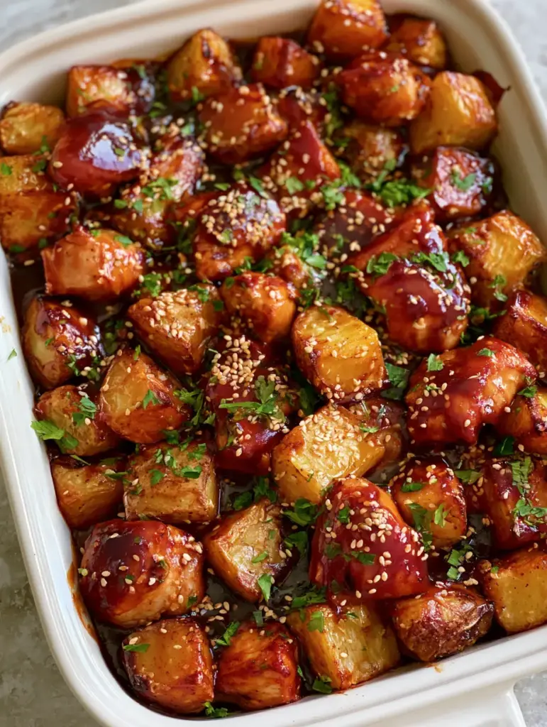 Honey BBQ Chicken Potatoes: The Ultimate Crispy One-Pan Dinner 1 Close-up of crispy Yukon Gold potatoes and glazed BBQ chicken pieces. (Honey BBQ Chicken Potatoes)
