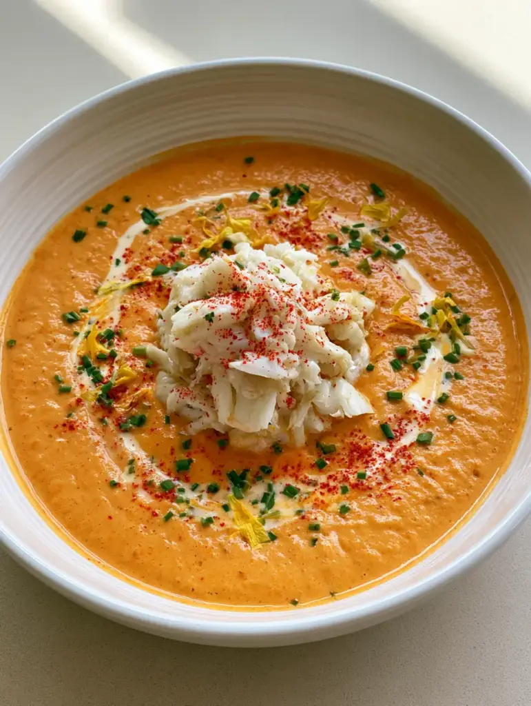 Close up view of the velvety texture and bright green chive garnish on a Crab Bisque Recipe.