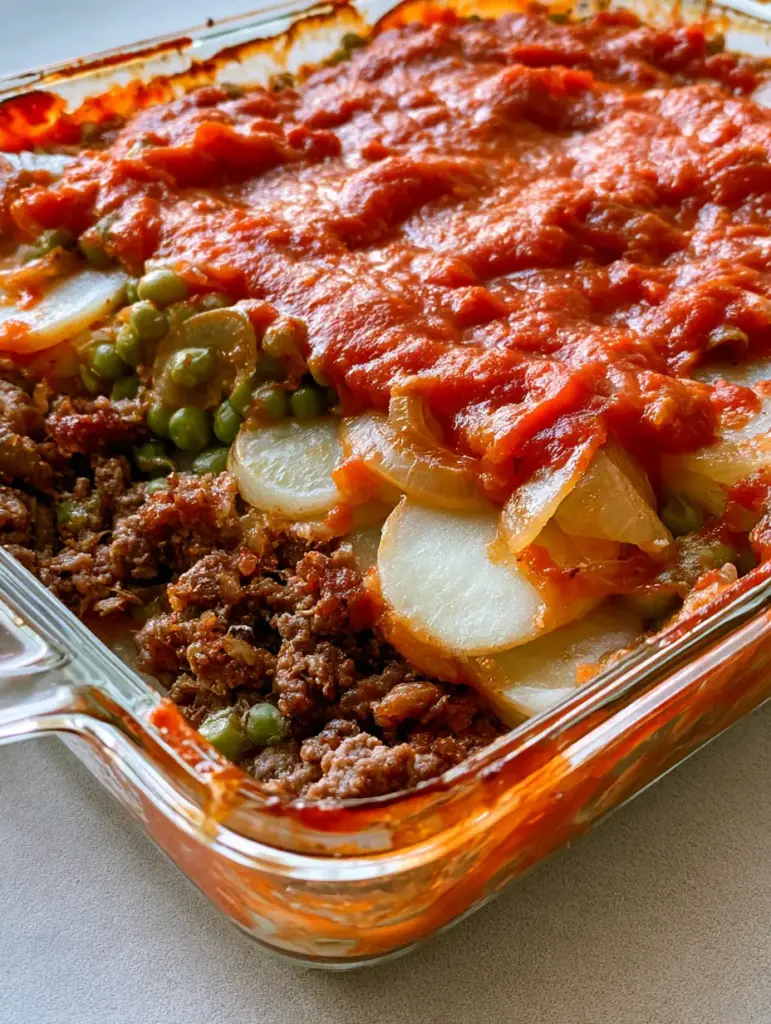 5-Ingredient Casserole: The Ultimate Rustic Layered Beef and Potato Bake 2 Close-up of a rustic 5-Ingredient Casserole highlighting the caramelized tomato sauce and potato layers. (5-Ingredient Casserole)