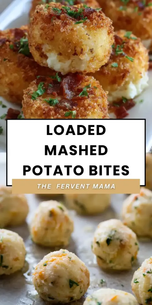 Loaded Mashed Potato Bites: The Ultimate Crispy & Cheesy Appetizer 3 A tall Pinterest pin featuring a pile of golden Loaded Mashed Potato Bites in a white bowl with a side of sour cream.