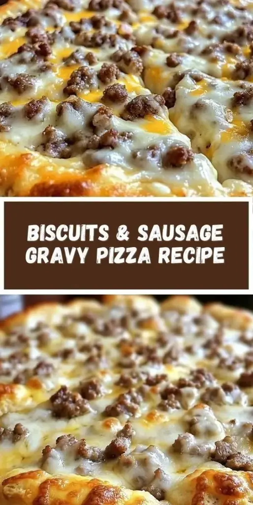 A close-up high-angle view of a Sausage Gravy Breakfast Pizza on a white platter featuring thick biscuit crust, melted cheese, scrambled eggs, and bacon crumbles.