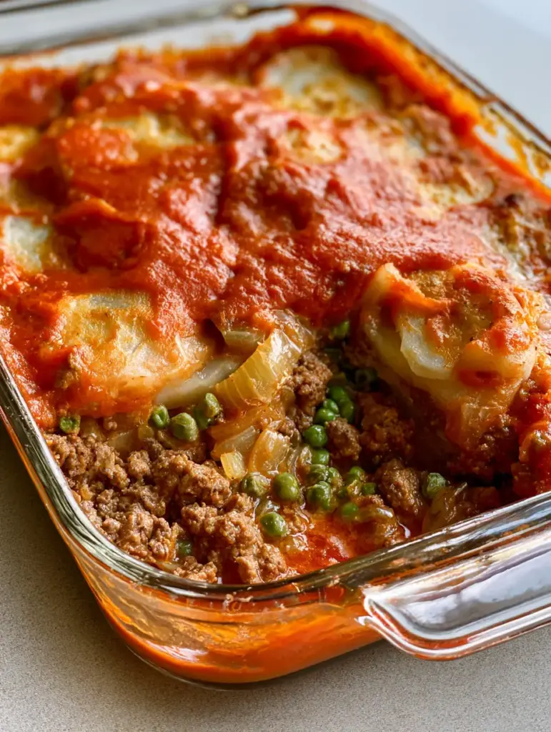 5-Ingredient Casserole: The Ultimate Rustic Layered Beef and Potato Bake 1 A top-down view of the 5-Ingredient Casserole showing the vibrant red tomato glaze and scattered green peas.