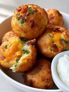 Handheld smartphone photo of spherical Loaded Mashed Potato Bites with a crispy fried exterior showing melted cheese and bacon.
