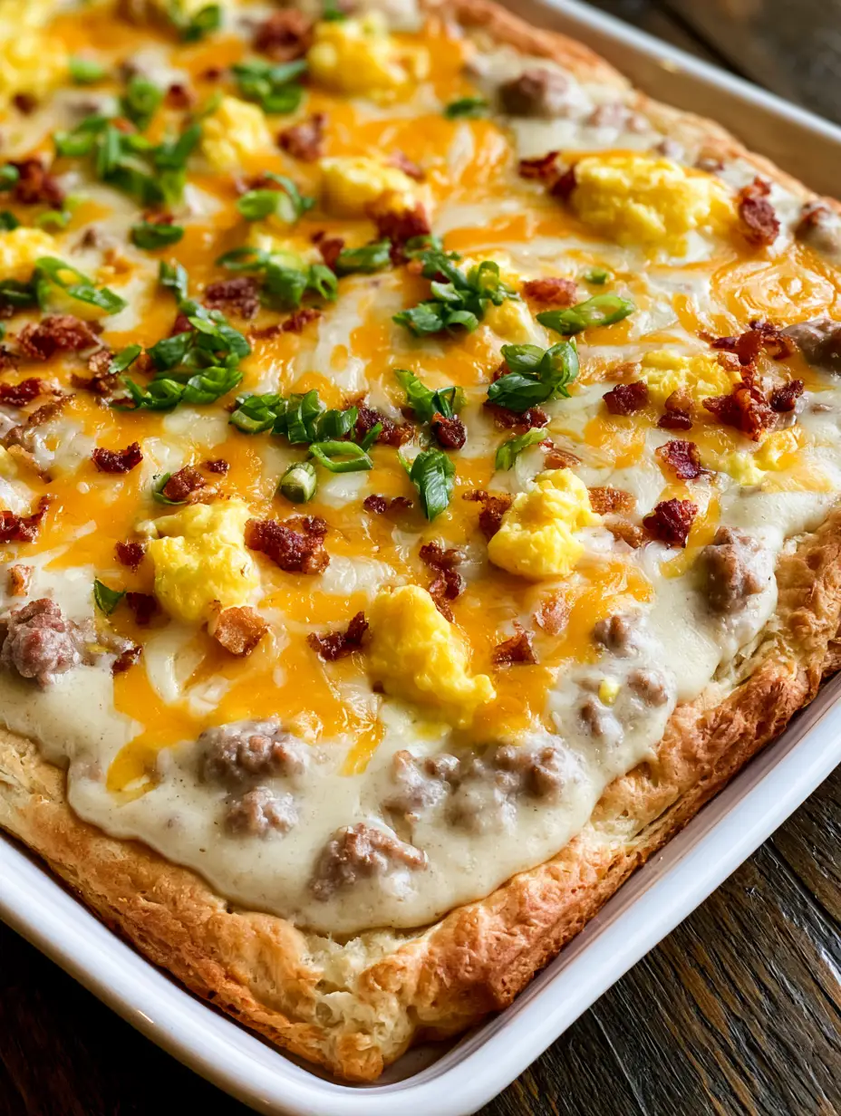 Close-up of Sausage Gravy Breakfast Pizza showing bubbly orange cheddar, white mozzarella, and crispy bacon crumbles on a golden biscuit foundation.