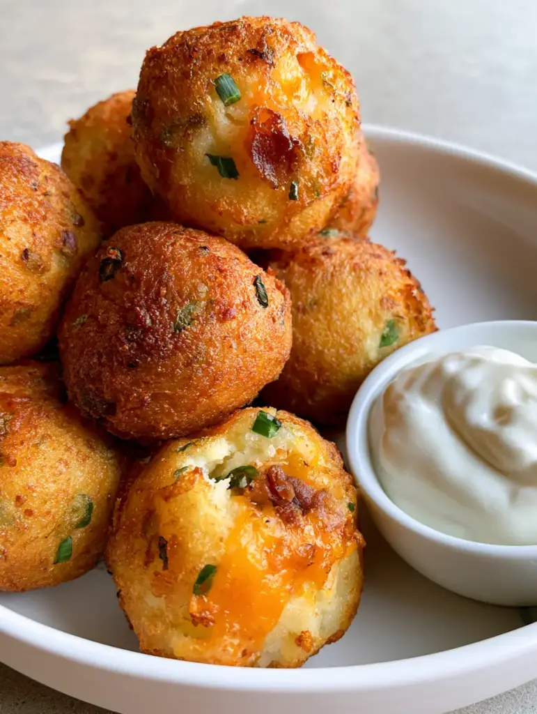Loaded Mashed Potato Bites: The Ultimate Crispy & Cheesy Appetizer 1 A shallow white bowl filled with fried Loaded Mashed Potato Bites and a side of thick sour cream on a grey countertop.
