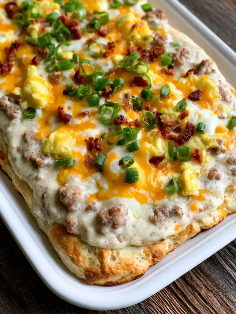 A high-angle shot of a completed Sausage Gravy Breakfast Pizza garnished with green scallions on a rustic wooden table.