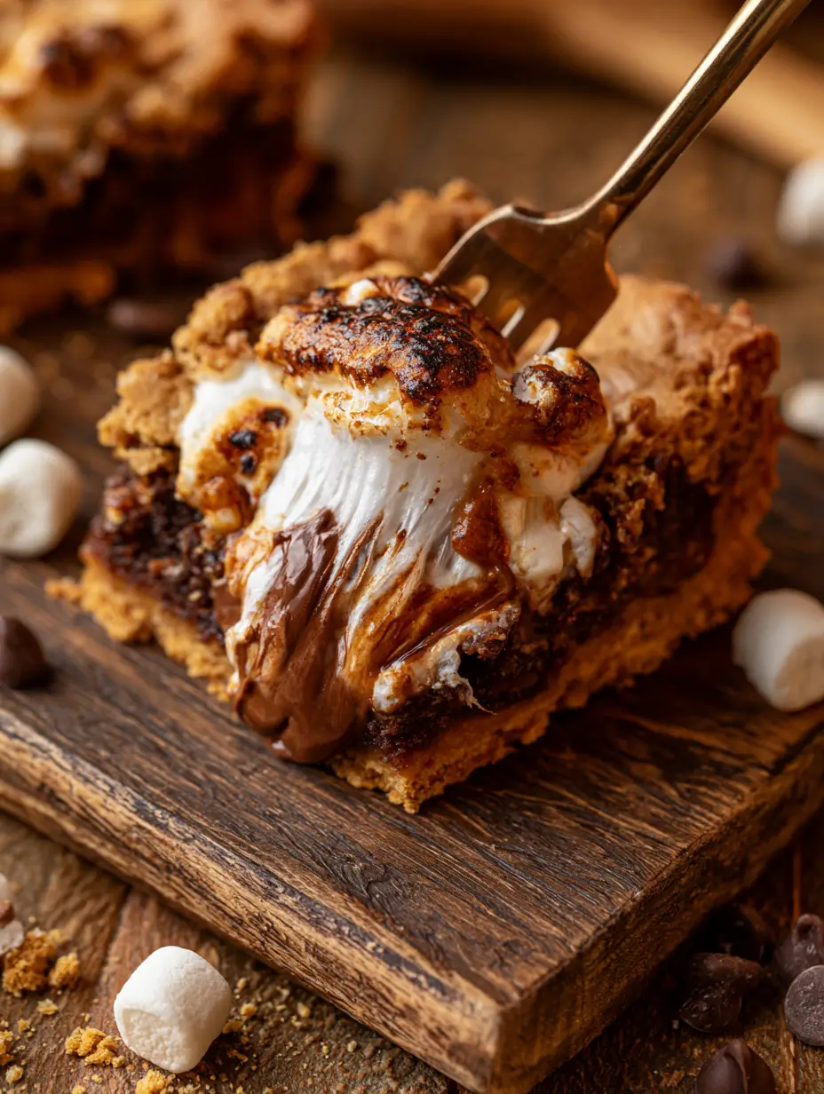 Close up of S'mores cookie bars inside a galvanized steel sheet pan with deep amber charred edges.