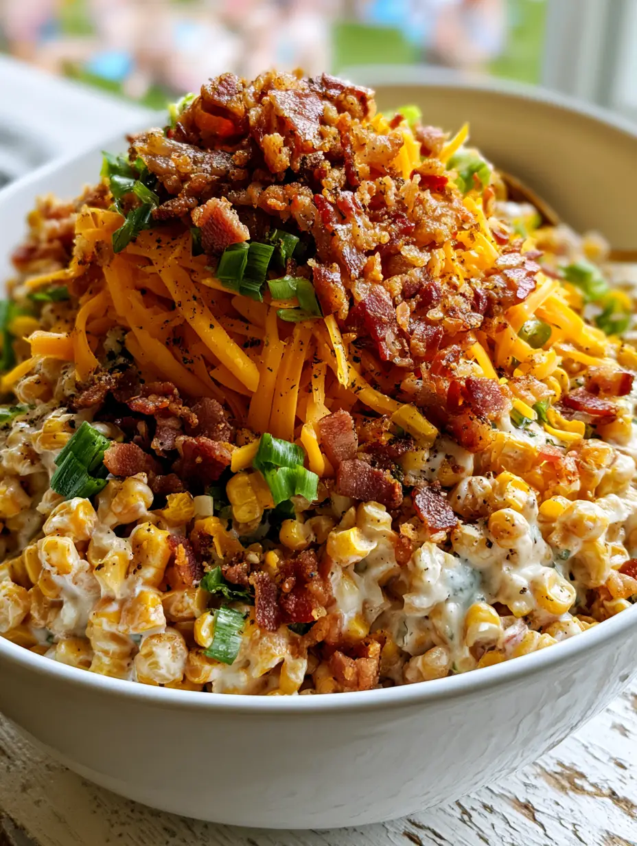 Close up of glossy golden sweet corn kernels coated in a velvety white dressing for crack corn salad.