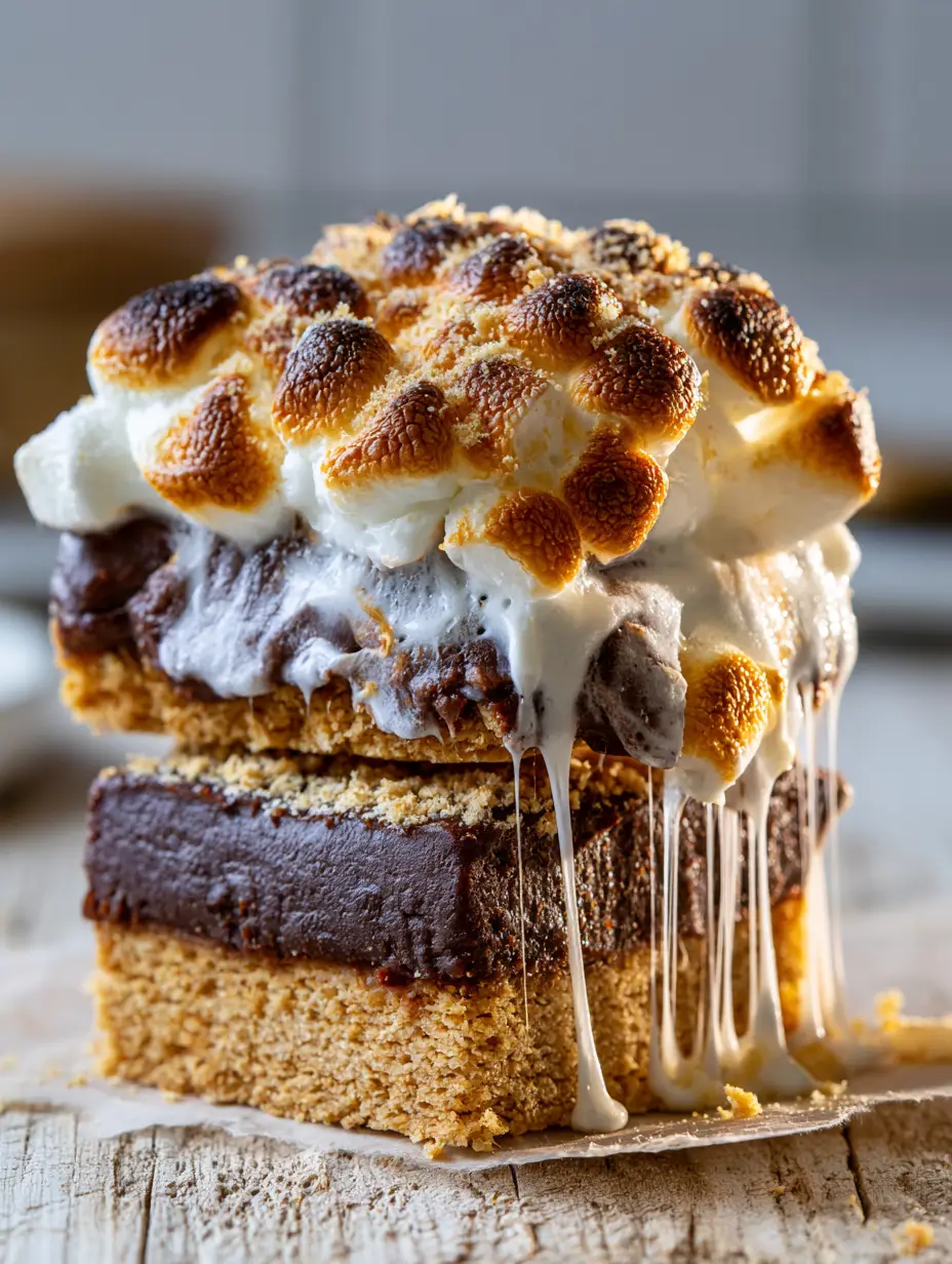 A handheld photo of a s'mores bar being lifted from a stack, showing long strings of melted marshmallow webbing and a thick chocolate layer.