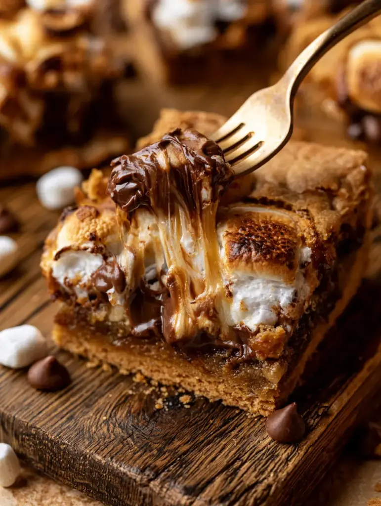 S'mores cookie bars showing the sticky pulled texture of the marshmallow and the dense chocolate layer.