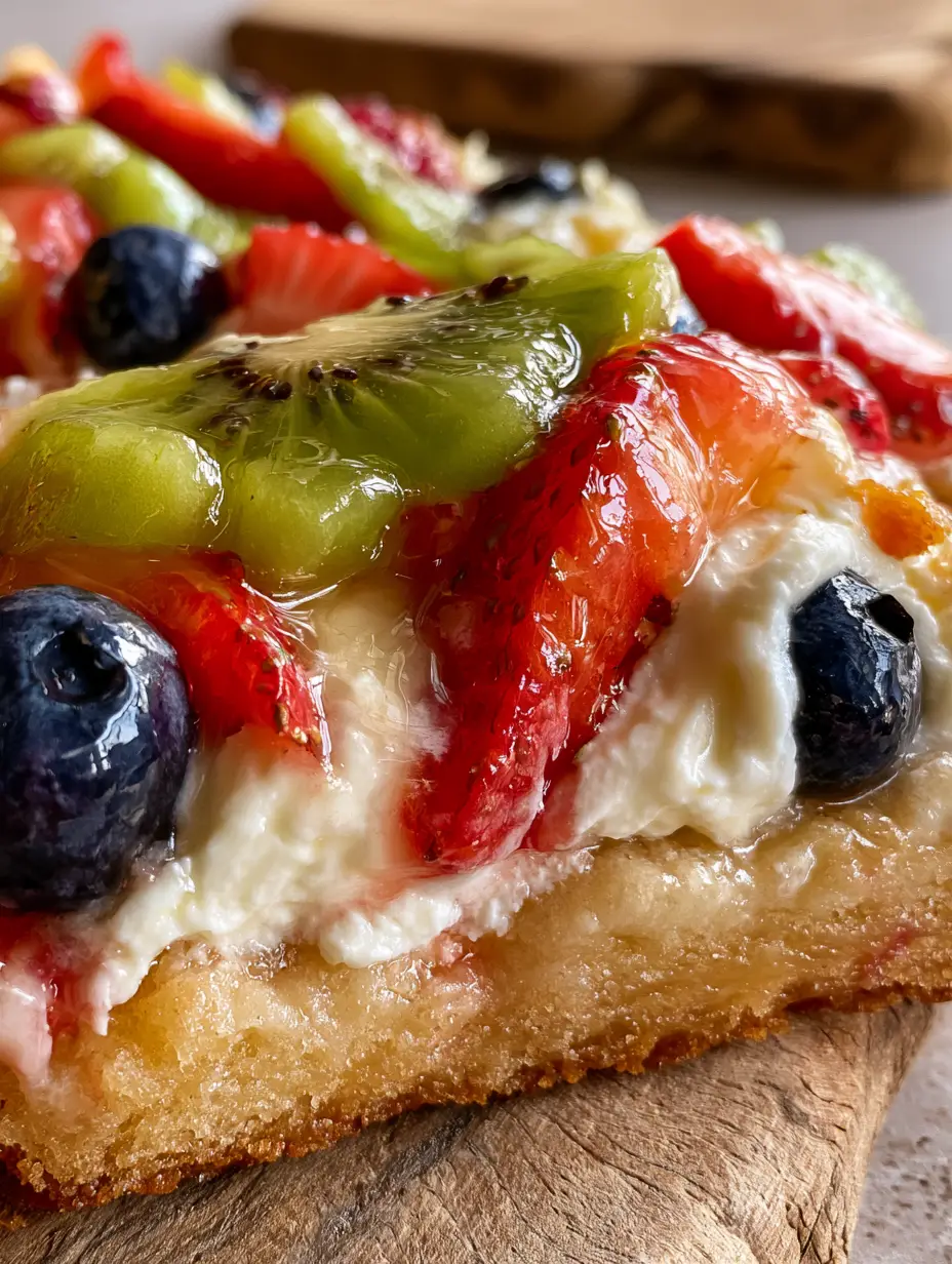 Macro detail of velvety cream cheese frosting swirls and glistening clear glaze on fresh fruit toppings. (Fruit Pizza)