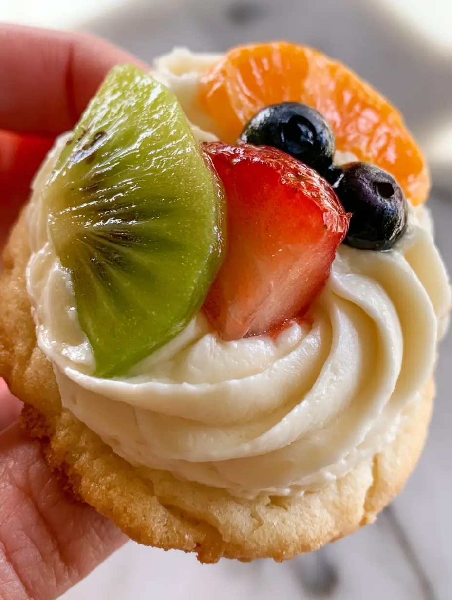 A high-angle photo of Mini Fruit Pizzas arranged on a kitchen counter, showing the detailed texture of the sugar cookie crust and glistening fruit segments.