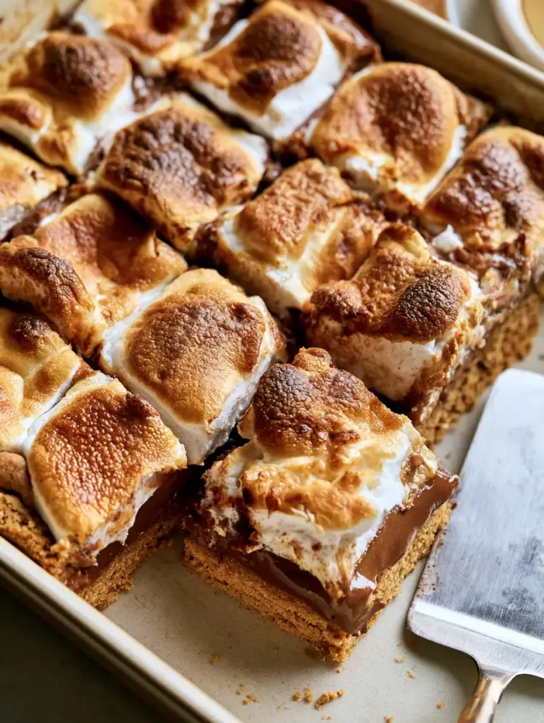 S'more Bars: The Ultimate Molten Chocolate and Toasted Marshmallow Treat 1 Overhead view of a tray of s'more bars featuring a glistening molten chocolate layer.