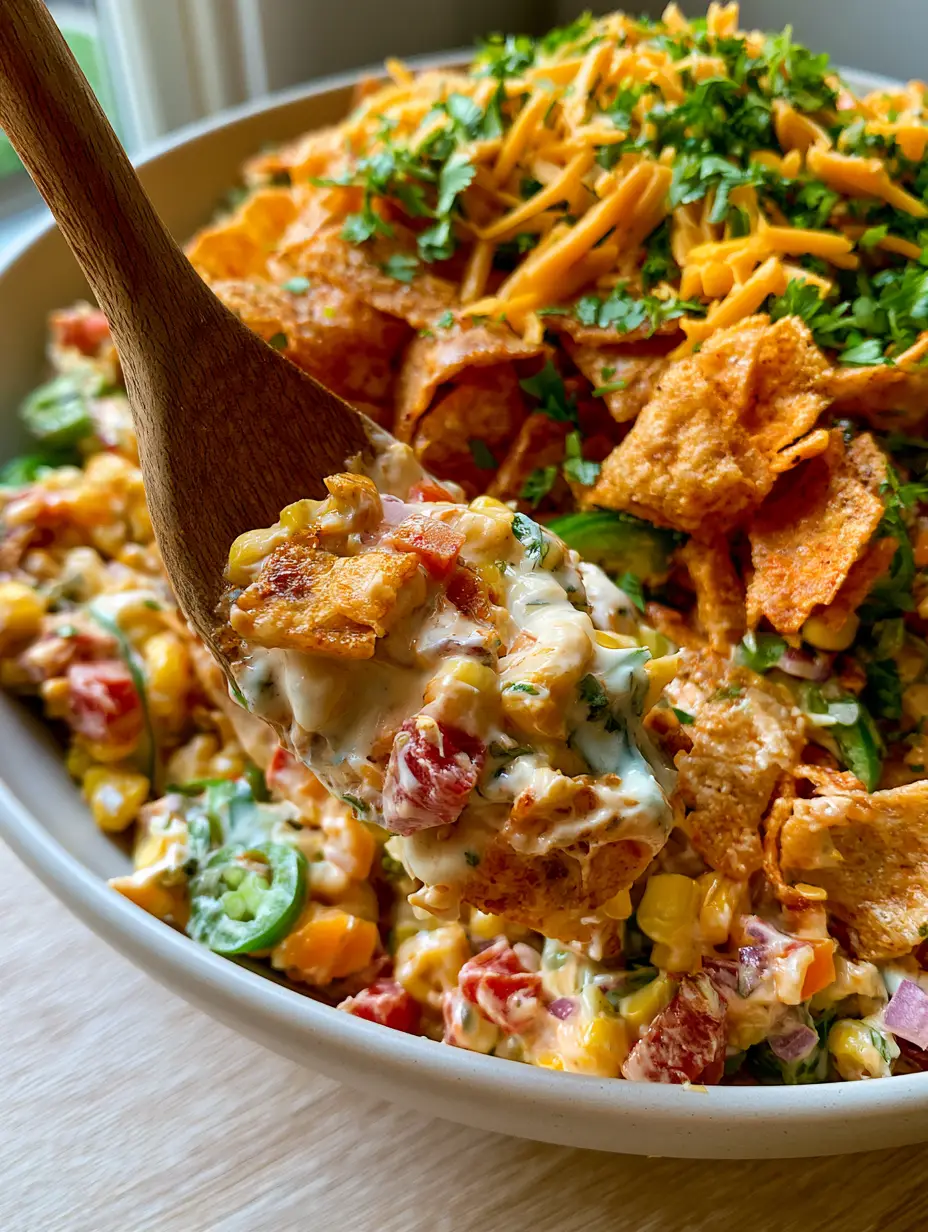 A vibrant top-down view of Frito corn salad garnished with a massive pile of crispy corn chips, shredded orange cheddar, and fresh cilantro.