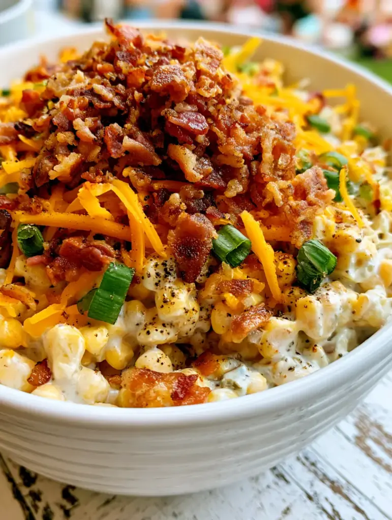 A mountain of crispy dark red applewood bacon crumbles and fresh green scallions on top of a corn salad.