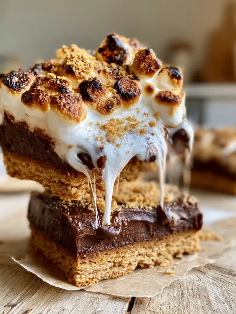 Close up of s'mores bars on parchment paper showing the mountain of mini marshmallows with deep amber charred peaks.