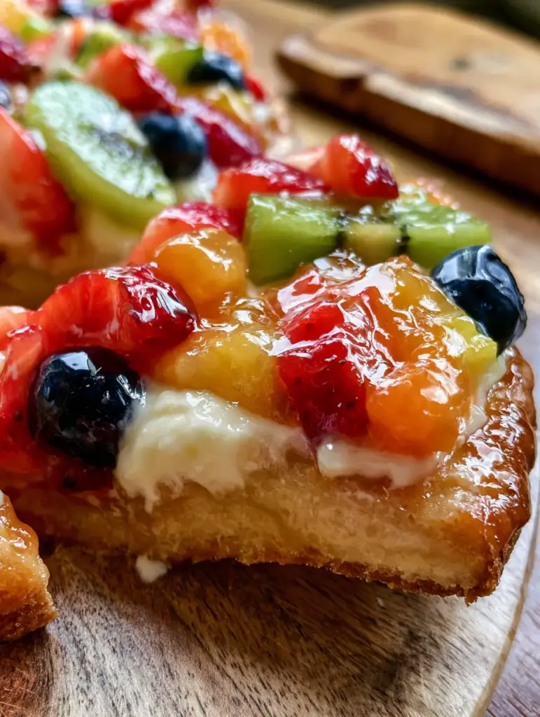 A 45-degree angle shot of a whole fruit pizza on a rustic wooden board with a bright kitchen background.