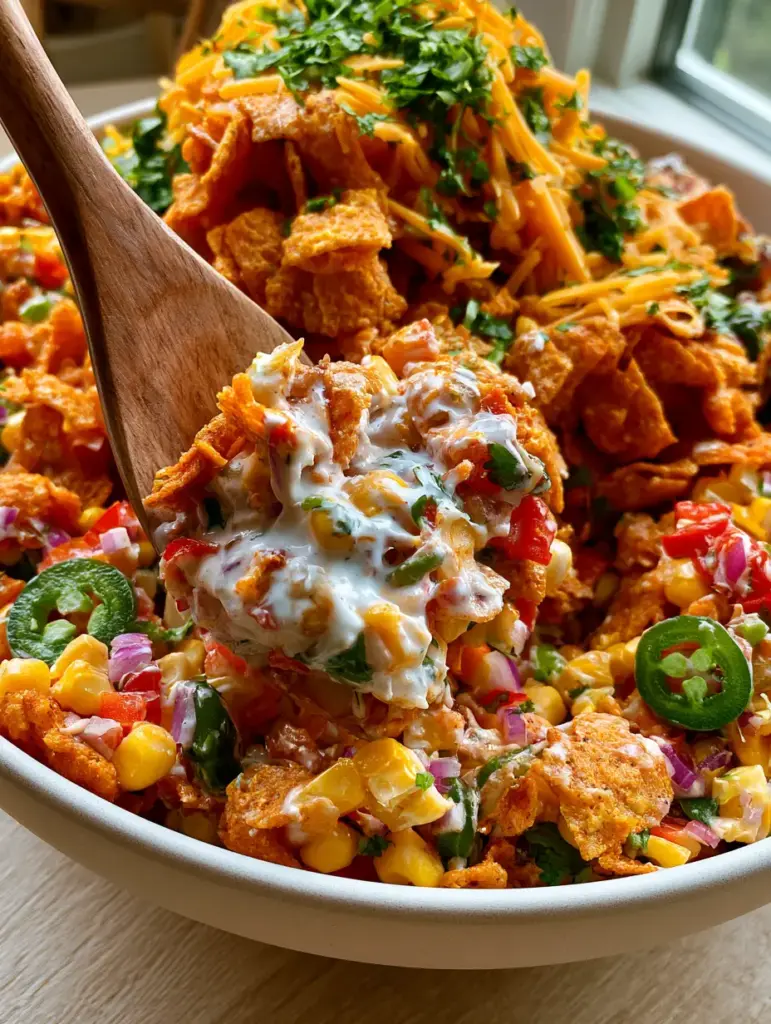 Close up of the glossy white creamy dressing coating sweet corn kernels and diced red bell peppers in a Frito corn salad.