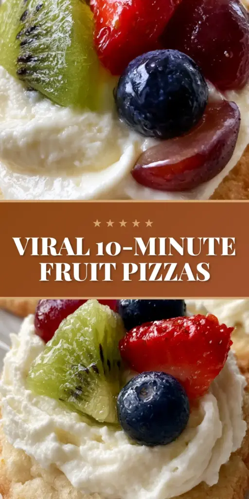 A top-down macro photo of a single Mini Fruit Pizza held slightly off-center, featuring a golden-brown sugar cookie base, a thick snow-white cream cheese swirl, and glistening sliced kiwi, strawberry, and blueberries.