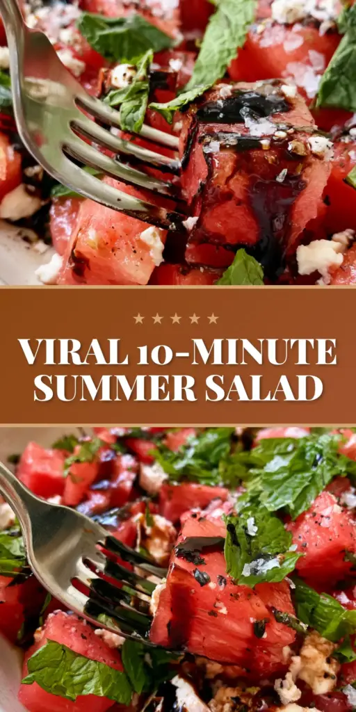Top-down view of a Watermelon Feta Salad in a white bowl with balsamic glaze and mint.
