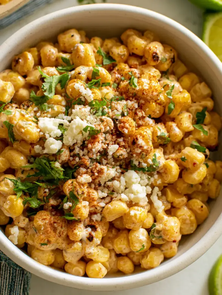 Creamy Corn Salad with Charred Sweet Corn and Velvety Lime Crema 1 A mountain of crumbled cotija cheese and finely minced cilantro on top of a vibrant creamy corn salad.