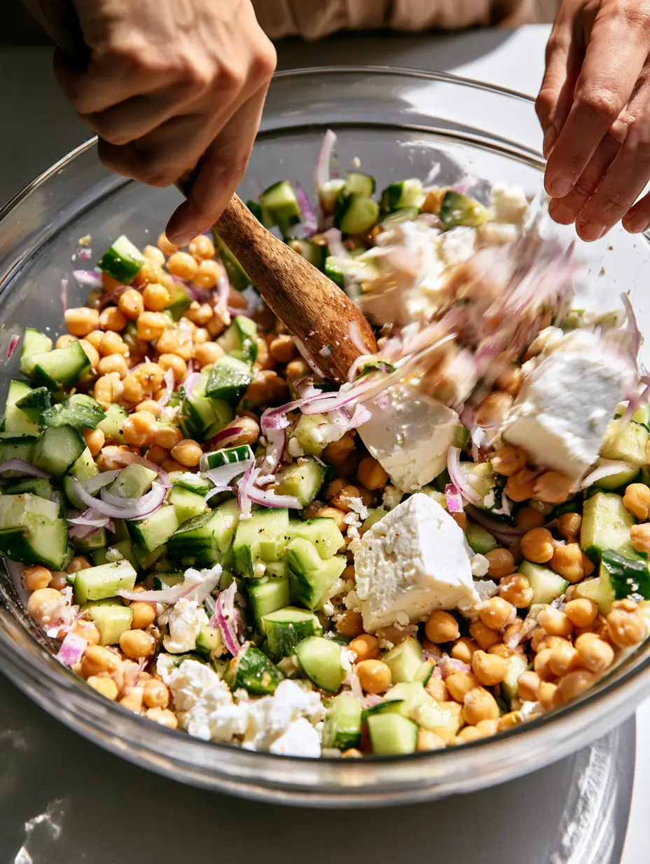 Plump golden chickpeas and crisp skin-on cucumber cubes topped with creamy sheep's milk feta chunks. (chickpea cucumber feta salad)
