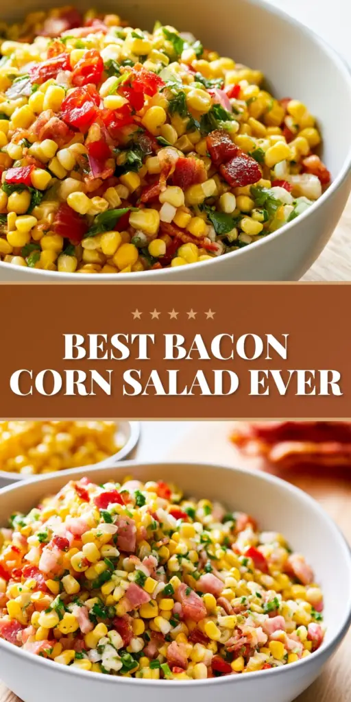 Overhead macro shot of a vibrant Bacon and Corn Salad in a white bowl featuring charred corn, crispy bacon, and cotija cheese.