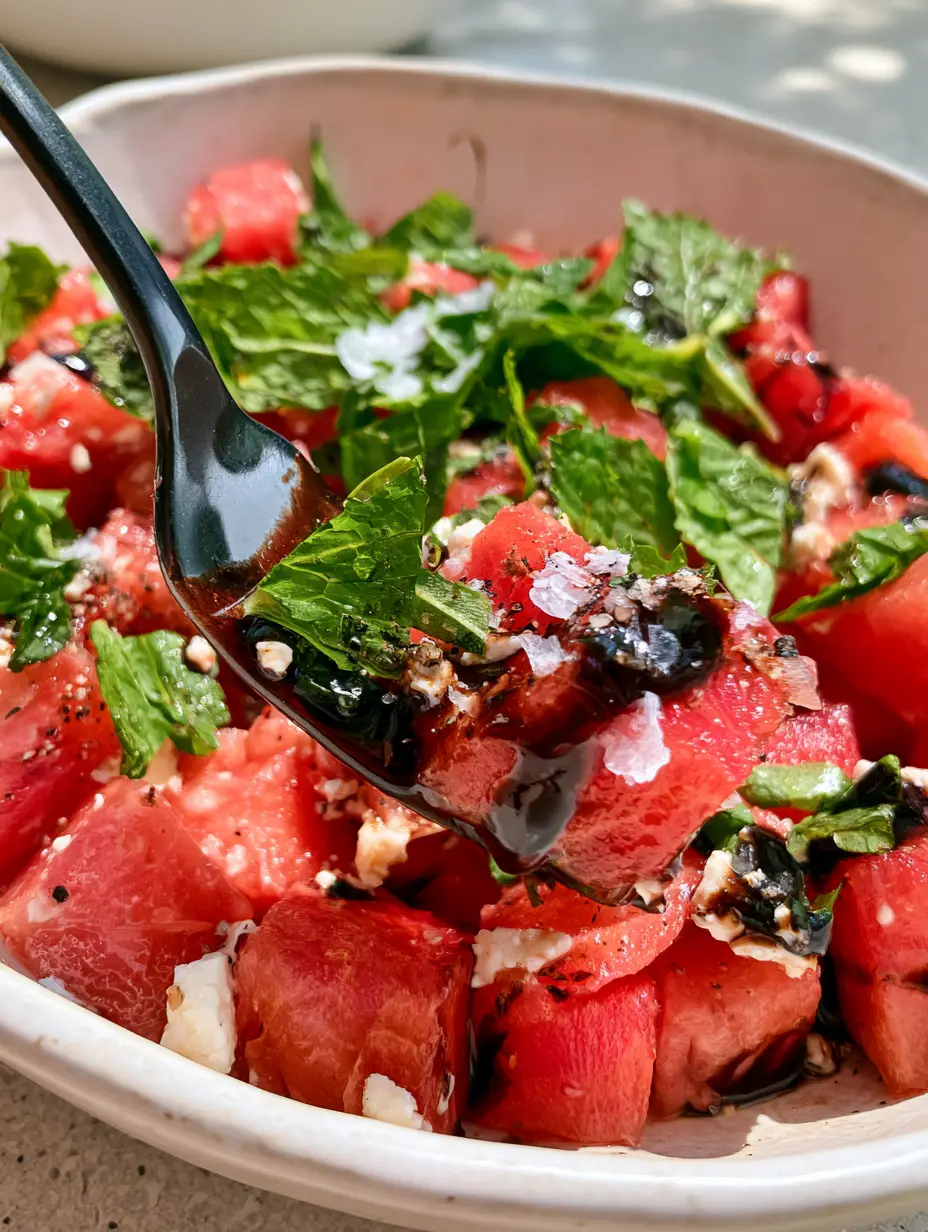 Close-up of ruby red watermelon cubes and creamy white feta chunks.